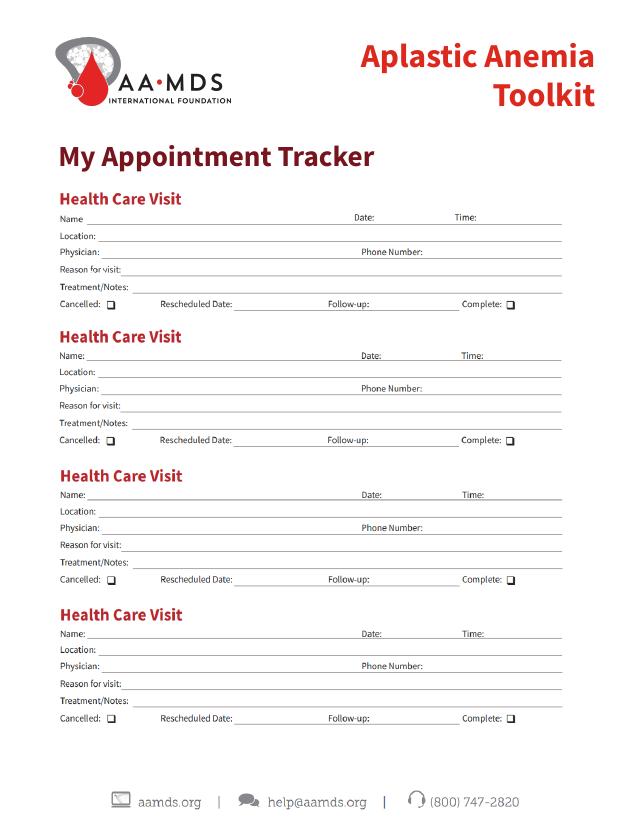 Aplastic Anemia Toolkit - Appointment Tracker (Thumbnail)