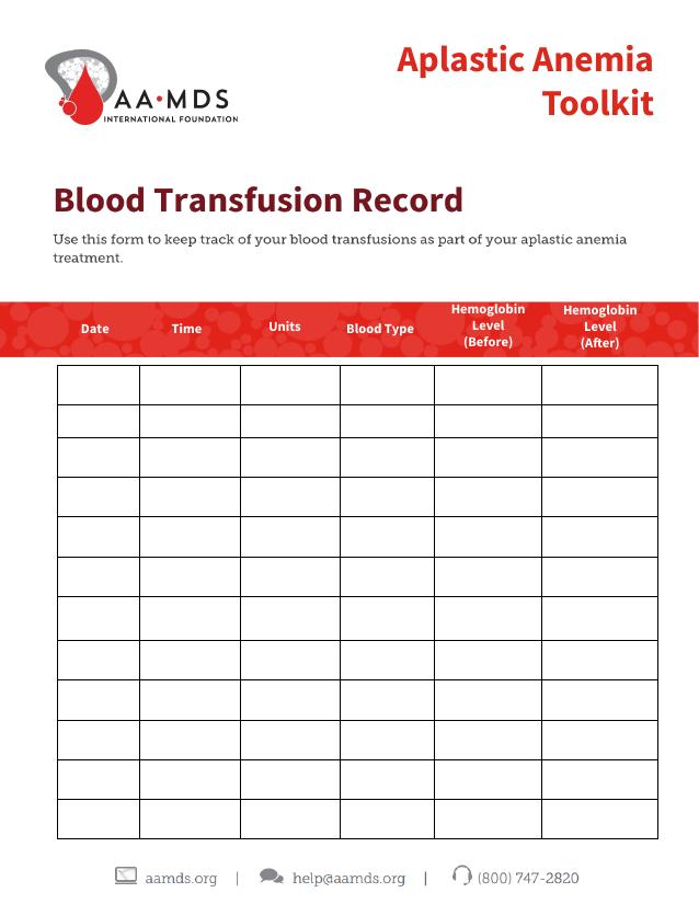 Aplastic Anemia Toolkit - Blood Transfusion Record (Thumbnail)