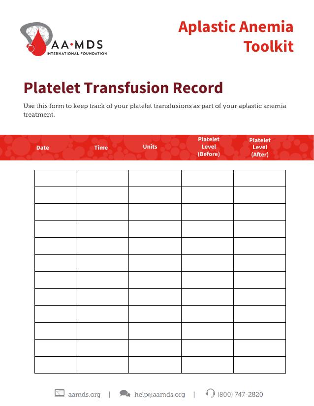 Aplastic Anemia Toolkit - Platelet Transfusion Record (Thumbnail)
