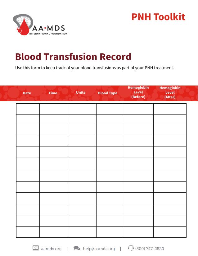 Aplastic Anemia Toolkit - Blood Transfusion Record (Thumbnail)